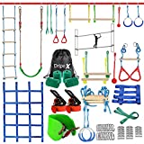 Ninja Warrior Obstacle Course for Kids - 2X50FT Double Ninja Lines with Most Complete Accessories for Kids, Swing, Trapeze Swing, Rope Ladder, Obstacle Net Plus 1.2M Arm Trainer