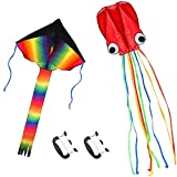 Listenman 2 Pack Kites - Large Rainbow Kite and Red Mollusc Octopus with Long Colorful Tail for Children Outdoor Game,Activities,Beach Trip Great Gift to Kids Childhood Precious Memories