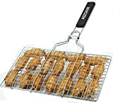 AIZOAM Portable Stainless Steel BBQ Barbecue Grilling Basket for Fish,Vegetables, Shrimp,and Small Flat Sea Food .Great Useful BBQ Tool.-【Bonus Additional Sauce Brush and 50 Natural Bamboo Skewers 】