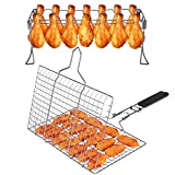 Grill Accessories, Grill Basket and Grill Rack, Portable Folding Stainless Steel Fish Grilling Basket with Removable Handle for Vegetables Steak, Grill Rack for Smoker Grill or Oven by VOXPOA