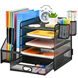 Marbrasse Desk Organizer with File Holder, 5-Tier Paper Letter Tray Organizer with Drawer and 2 Pen Holder, Mesh Desktop Organizer and Storage with Magazine Holder for Office Supplies (Black)