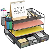 Marbrasse 4-Trays Desktop File Organizer with Pen Holder | Paper Letter Tray with Drawer and 2 Pen Holder | Mesh Office Supplies Desk Organizer for Home Office (Black)