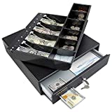 Mini Cash Register Drawer 13” for Point of Sale (POS) System with Fully Removable 2 Tier Cash Tray, 4 Bill/5 Coin, 24V, RJ11/RJ12 Key-Lock, Double Media Slot, Small Square Money Drawer, Black