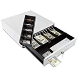 Mini Cash Register Drawer for Point of Sale (POS) System with 4 Bill 5 Coin Cash Tray, Removable Coin Compartment, 24V, RJ11/RJ12 Key-Lock, Media Slot, White - for Stores, Shops, and Businesses