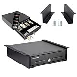 Cash Register Drawer with Under Counter Mounting Metal Bracket - 13' Black Cash Drawer for POS, 4 Bill 5 Coin Cash Tray, Removable Coin Compartment, 24V RJ11/RJ12 Key-Lock, Media Slot - For Businesses