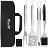 Grilljoy 6PCS Heavy Duty BBQ Grill Tools Set with Extra Thick Stainless Steel Spatula, Fork, Tongs & Cleaning Brush - Complete Barbecue Accessories Kit with Portable Bag - Perfect Grill Gifts for Men