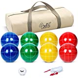 Bocce Balls Set Regulation Size 100mm for Family Backyard Bocci Games Beach Lawn Yard, Set of 8 Polyresin Bochie Ball, 1 Pallino, Carrying Bag, Measuring Rope (Green/Yellow/Red/Blue, 2-8 Players)