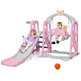 Costzon 4 in 1 Toddler Climber and Swing Set, Kids Play Climber Slide Playset with Basketball Hoop, Extra Long Slide and Ball, Safety Belt, Baby Playset for Indoor Outdoor Backyard (Pink Bear)