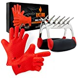 AMZ BBQ CLUB, BBQ Gloves and Metal Meat Claw Accessories with Heat-Resistant Silicone Glove and Meat Shredder (Red)