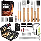 HaSteeL Grill Accessories, 34Pcs Complete Stainless Steel BBQ Tools Set with Wooden Handle, Long Heavy Duty 16in Barbecue Utensils & Meat Claws for Outdoor Grilling, Easy to Clean & Gift for Man Women