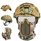Guayma Airsoft Fast Helmet with Cover Half Mesh Mask Headgear PJ Type Tactical Multifunctional Protective NVG Mount for Paintball Multicam Military Outdoor Sports CS Game Shooting,Tan