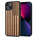 JUBECO iPhone 13 Case Wood, Natural Slim Eleghant Wooden Protective Cover with Rubber Bumper for iPhone 13 – 6.1 inch. (American Flag-Walnut)