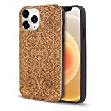 U&I Compatible with iPhone 12/12 Pro Case 6.1-inch Wood, Unique Engraved Totem Natural Slim Elegant Wooden Protective Cover with Rubber Bumper Full Body Protective Cover Phone Cases(Cherry Wood)