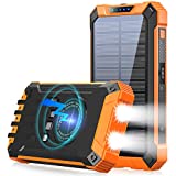 Solar Power Bank 36000mAh Built-in 4 Cables Qi Wireless Charger with Dual LED Flashlight Solar Portable External Battery IPX4 Waterproof 15W 5V/3A USB C Port Six Outputs Three Inputs(Orange)