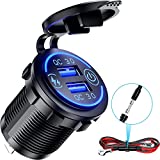 Kewig Quick Charge 3.0 Dual USB Charger Socket Waterproof 36W 12V 24V USB Outlet Fast Charge with Touch Switch & Blue LED DIY Kit for Car Boat Marine ATV Bus Truck Golf Cart and More