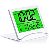 Betus Digital Travel Alarm Clock with Backlight - Foldable Calendar & Temperature & Timer LCD Clock with Snooze Mode - Large Number Display, Battery Operated - Compact Desk Clock for All Ages (Silver)