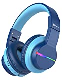 iClever BTH12 Wireless Kids Headphones, Colorful LED Lights Kids Headphones with 74/85/94dB Volume Limited Over Ear, 40H Playtime, Bluetooth 5.0, Built-in Mic for School/Tablet/PC/Airplane, Blue