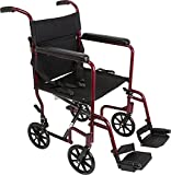 Wave Medical Premium Transport Wheelchair, Folding Transport Chair with Fixed Arms, Burgundy Frame