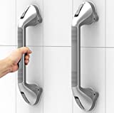 AquaChase 2-Pack 17“ Suction Shower Grab Bar with Indicators, Tool-Free Installation, Steady Handle for Balance Assist for Bathtub, Toilet, Bathroom, Dual Tone, Silver/Grey