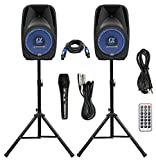 Pair Alphasonik All-in-one 8' Powered 800W PRO DJ Amplified Loud Speakers with Bluetooth USB SD Card AUX MP3 FM Radio PA System LED Lights Karaoke Mic Guitar Amp 2 Tripod Stands Cable and Microphone