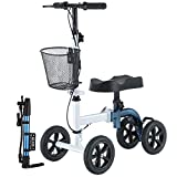 RINKMO Knee Scooter，All-Terrain Pneumatic Tires Knee Scooters for Foot Injuries Steerable Knee Walker Foldable Leg Walker Economical Best Crutches Alternative with Attachable Basket (White+Blue)