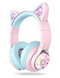 iClever Cat Ear Bluetooth Headphones RGB LED Light Up Over Ear with Microphone, 74/85/94dB Volume Limiting Comfort Foldable Wireless Headset for PC/Tablet/TV Kids Girls & Boys Teens, BTH13 Pink