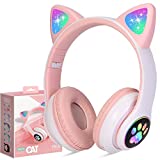 Wireless Headphones TCJJ Cat Ear LED Light Up Bluetooth Foldable Headphones Over Ear w/Microphone for Online Distant Learning (Lady Pink)