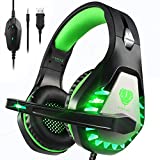 Pacrate Gaming Headset with Microphone for PC PS4 Headset Xbox One Headset Noise Cancelling Gaming Headphones for Switch PS5 Headset with LED Lights for Kids Adults Black Green