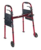 Drive Medical Deluxe Portable Folding Travel Walker with 5' Wheels and Fold up Legs, Red