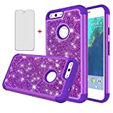 Phone Case for Google Pixel XL with Tempered Glass Screen Protector Cover and Bling Glitter Slim Hard Hybrid Rubber Silicone Cell Accessories Pixle 1 XL One Pixel1 1XL 2016 Cases Women Girls Purple