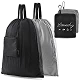 2 Pcs Travel Laundry Bag, JHX Dirty Clothes Bag 【Upgraded】 with Handles and Aluminum Carabiner, Collapsible Laundry Bag for Travel, Camp, Fitness, and Students (Black&Grey) 24'L x 21'W