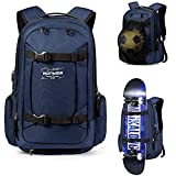 Skateboard Backpack Basketball Baseball Football Rugby Ball Soccer Ball Multi-Function Water Resistant Backpack with USB Port Basketball Net Fits 17.3 Inch Laptop (Blue)
