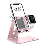 OMOTON Apple Watch Charging Stand - 2 in 1 Adjustable Aluminum Phone Stand Holder Dock for Apple Watch SE/7/6/5/4/3/2/1, Apple Watch Charger Stand for iPhone 13/12 Pro Max/Pro/Mini/11, Rose Gold