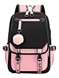 Teenage Girls' Backpack Middle School Students Bookbag Outdoor Daypack with USB Charge Port (21 Liters, Black Pink)