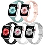 5 PACK Slim Band Compatible with Apple Watch Band 38mm 40mm 41mm 42mm 44mm 45mm for Women Men, Thin Narrow Soft Silicone Replacement Strap Band for iwatch SE/Series 7/6/5/4/3/2/1 Black/Gray/White/Pink Sand/Cactus