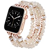 V-MORO Beaded Bracelet Compatible with 41mm/40mm Series 7/6 Apple Watch Bands Natural Pearl Beads Handmade Elastic Stretch Strap for iWatch Series SE/5/4/3/2/1(38/40/41mm,Cream)for 5.5'-6.3'wrist