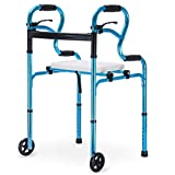 Health Line Massage Products 4-in-1 Stand-Assist Folding Walker with Detachable Seat, Walking Mobility Aid with 5' Wheels 350lbs Capacity, Can be Used as Toilet Safety Rail, Compact & Portable, Blue