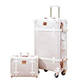 urecity Designer Vintage Trunk Combination Luggage Sets of 2 Piece, Hard Shell Retro Travel Suitcase with Wheels (Rose White, 20'+12')