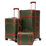 NZBZ Vintage Luggage Sets 3 Pieces Luxury Cute Suitcase Retro Trunk Luggage with TSA Lock for Men and Women (Dark Green, 14' & 20' & 28')