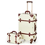 CO-Z Vintage Luggage Set, Hardside Suitcase with Spinner Wheels TSA Lock and Carry On Briefcase with Combination Lock, Large 24' Trunk Small 12' Train Case Leather Travel Bag Set for Women, Beige