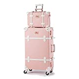 UNIWALKER Womens Luxury Vintage Trunk Luggage Set 2 Piece Cute Retro Pink Hardside Suitcase