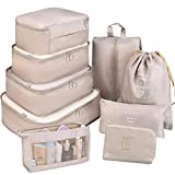 Packing Cubes for Travel, 9 Set Luggage Organizers with Shoe Bag, Electronics Bag, Cosmetics Bag, Compression Cells, Accessories Bags Made With Wearable Waterproof Fabric (9 PCS - Beige)