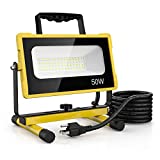 Olafus Led Work Light 50W, 5000LM 2 Brightness Modes Work Flood Light, IP65 Waterproof Job Site Lighting with Stand for Construction Site, Jetty, Workshop 6000K Daylight White