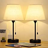Table Lamp with 2 USB Ports, Set of 2 Bedside Nightstand Lamps with 1 AC Outlet and White Linen Fabric Shade, Pull Chain Modern Desk Lamps for Bedroom, Living Room, Dorm