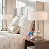 Allen Modern Table Lamps 22.5' High Set of 2 with USB Charging Port Metal Mercury Glass White Drum Shades for Living Room Desk Bedroom House Bedside Nightstand Home - Possini Euro Design