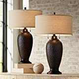 Cody Modern Industrial Rustic Table Lamps 26' High Set of 2 Hammered Oiled Bronze Brown Oatmeal Linen Drum Shade for Living Room Bedroom House Bedside Nightstand Home Office - 360 Lighting