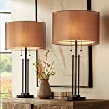 Howell Modern Contemporary Industrial Table Lamps 30' Tall Set of 2 Open Profile Bronze Metal Tan Double Drum Shade for Living Room Bedroom House Bedside Nightstand Home Office - Franklin Iron Works