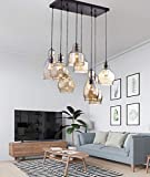 MoreChange Pendant Ceiling Lighting for Kitchen Island Black, Chandelier Hanging Light Fixtures with 8 Amber Glass Lampshades for Dining Room