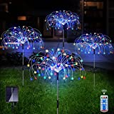 Outdoor Solar Garden Lights, 4 Pack 120 LED Copper Wire Waterproof Solar Garden Fireworks Lamp with Remote, 8 Modes Decorative Sparkles Stake Landscape Light for Garden Pathway Lawn Decor (Colorful)