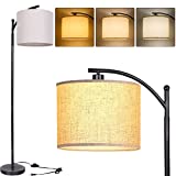 Floor Lamp for Living Room, Tall Arc Floor Lamps with Beige Linen Shade,Modern Standing Floor Lamp with 3 Color Temperature for Bedroom (LED Bulb Included),Black